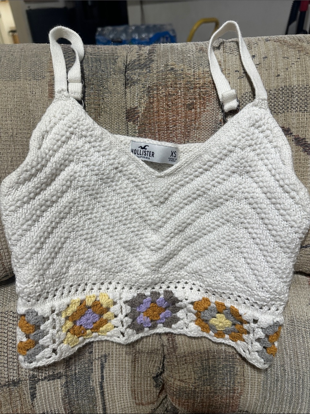 Hollister White Crochet Crop Tank with Yellow & Purple Accent Trim